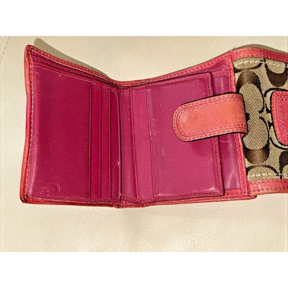 Coach Signature Canvas Tri-Fold Wallet Buckle Tab Leather Trim Brown Pink - Picture 7 of 13